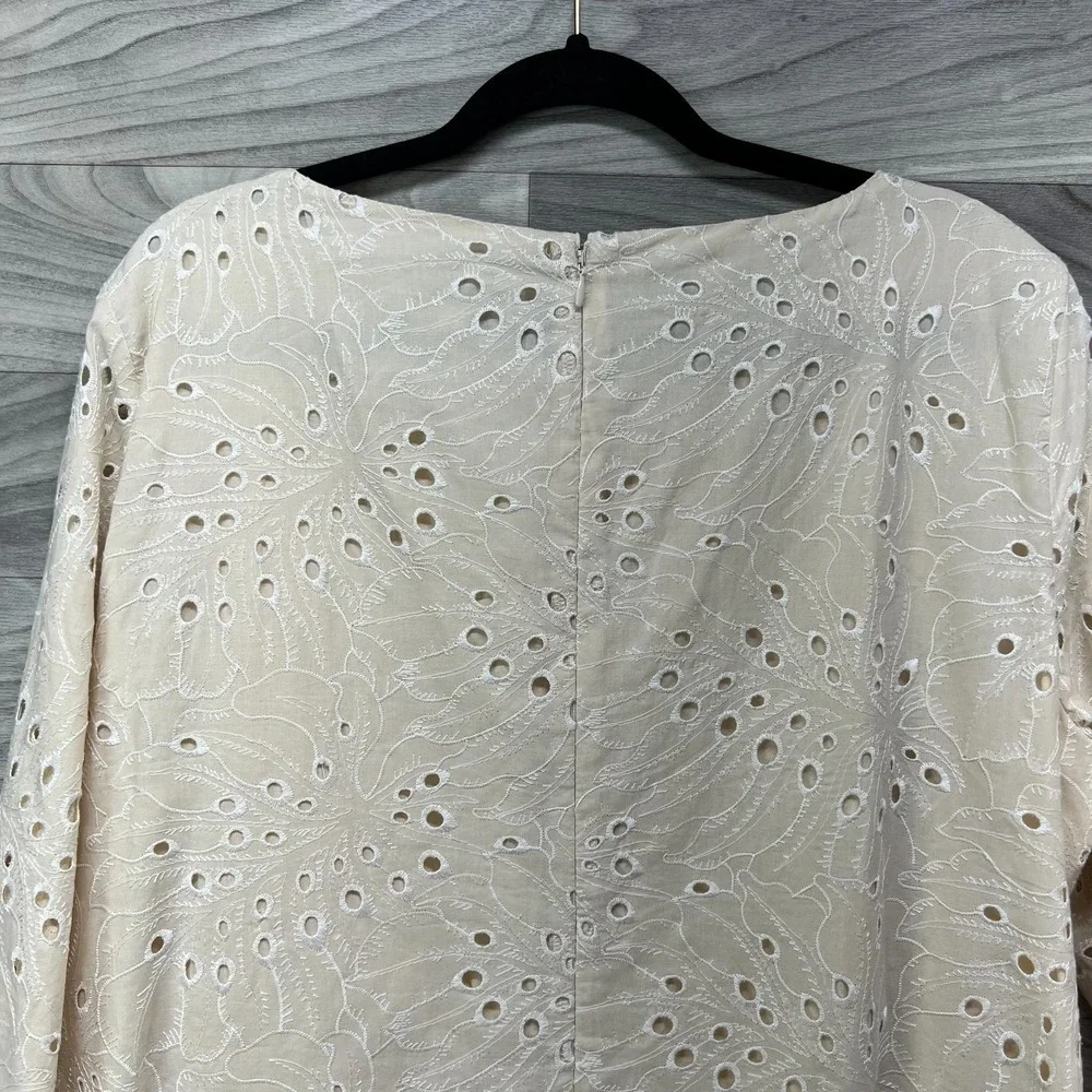 Preston‎ & York Sheath Dress Women's Size 16 Beige 3/4 Sleeve Eyelet Embroidered